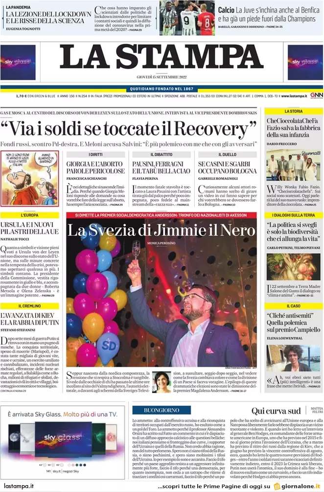 Prime pagine giornali 15 settembre 2022. Salario minimo, finti sì di cdx e Pd Prime pagine giornali 15 settembre 2022. Salario minimo, finti sì di cdx e Pd