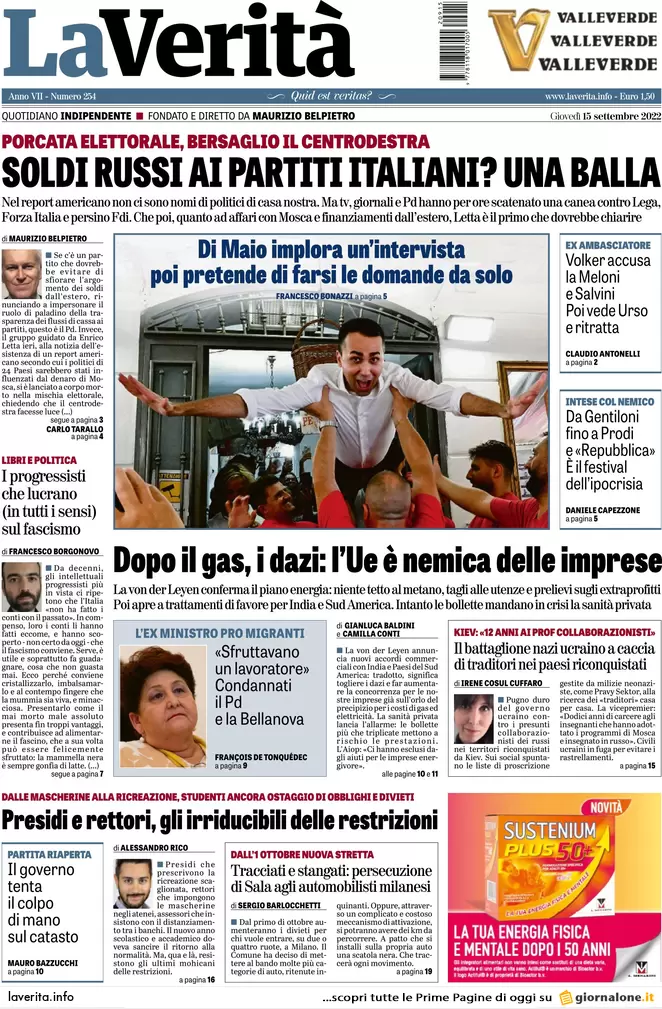 Prime pagine giornali 15 settembre 2022. Salario minimo, finti sì di cdx e Pd Prime pagine giornali 15 settembre 2022. Salario minimo, finti sì di cdx e Pd