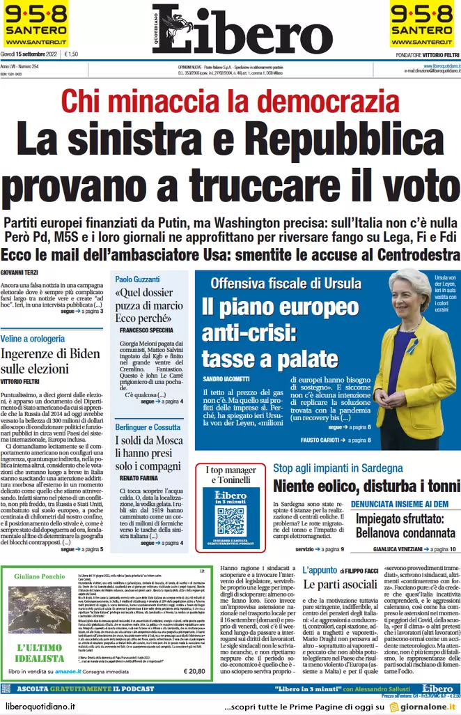 Prime pagine giornali 15 settembre 2022. Salario minimo, finti sì di cdx e Pd Prime pagine giornali 15 settembre 2022. Salario minimo, finti sì di cdx e Pd