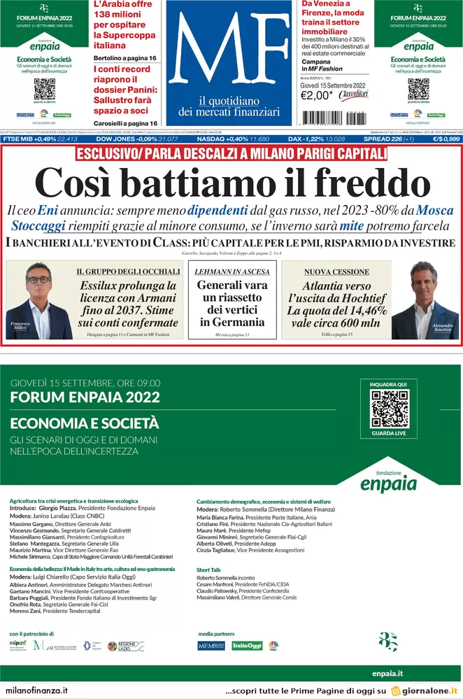 Prime pagine giornali economici 15 settembre. Gas, bolla dei derivati arginata Prime pagine giornali economici 15 settembre. Gas, bolla dei derivati arginata