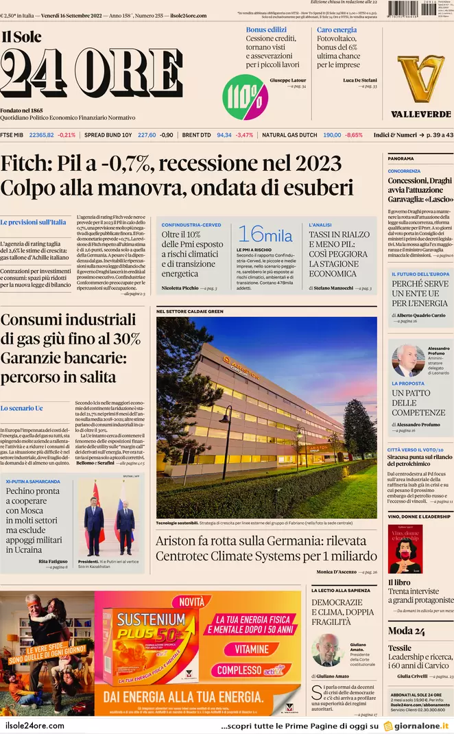 Prime pagine giornali 16 settembre 2022. Scordiamoci il gas dagli Stati Uniti Prime pagine giornali 16 settembre 2022. Scordiamoci il gas dagli Stati Uniti
