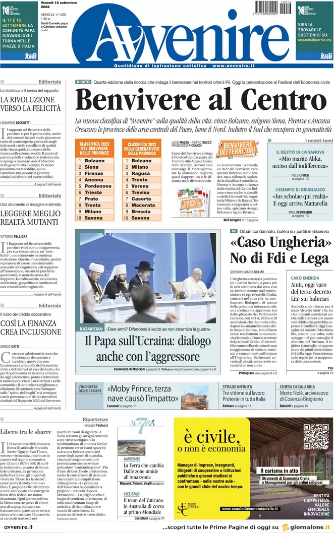 Prime pagine giornali 16 settembre 2022. Scordiamoci il gas dagli Stati Uniti Prime pagine giornali 16 settembre 2022. Scordiamoci il gas dagli Stati Uniti