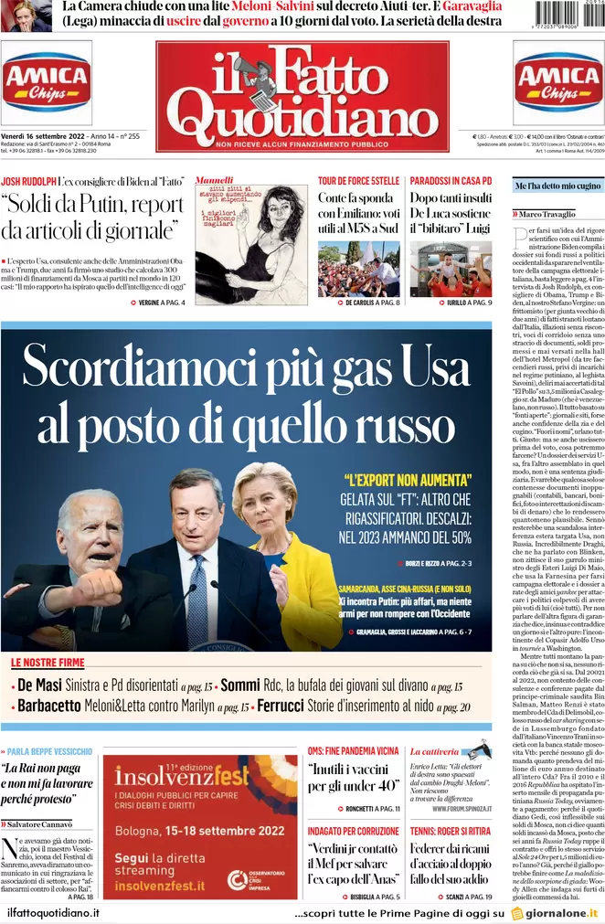 Prime pagine giornali 16 settembre 2022. Scordiamoci il gas dagli Stati Uniti Prime pagine giornali 16 settembre 2022. Scordiamoci il gas dagli Stati Uniti
