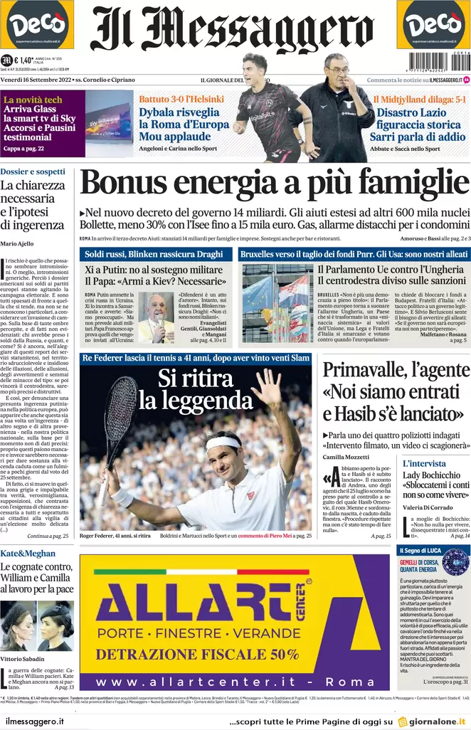 Prime pagine giornali 16 settembre 2022. Scordiamoci il gas dagli Stati Uniti Prime pagine giornali 16 settembre 2022. Scordiamoci il gas dagli Stati Uniti