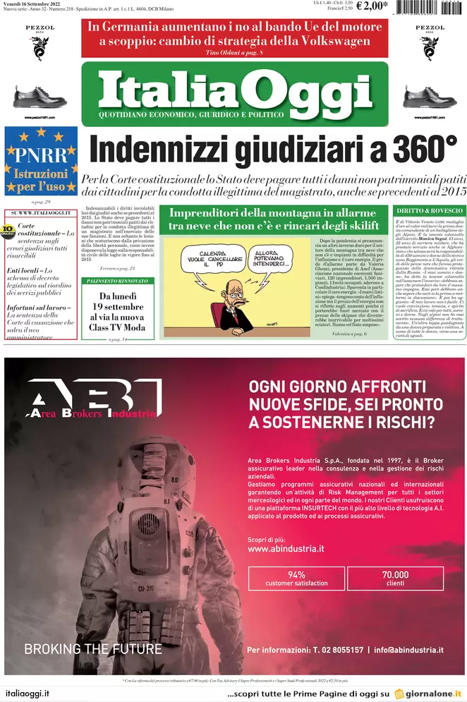 Prime pagine giornali economici 16 settembre. Italia, il rischio recessione