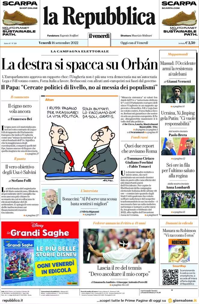 Prime pagine giornali 16 settembre 2022. Scordiamoci il gas dagli Stati Uniti Prime pagine giornali 16 settembre 2022. Scordiamoci il gas dagli Stati Uniti