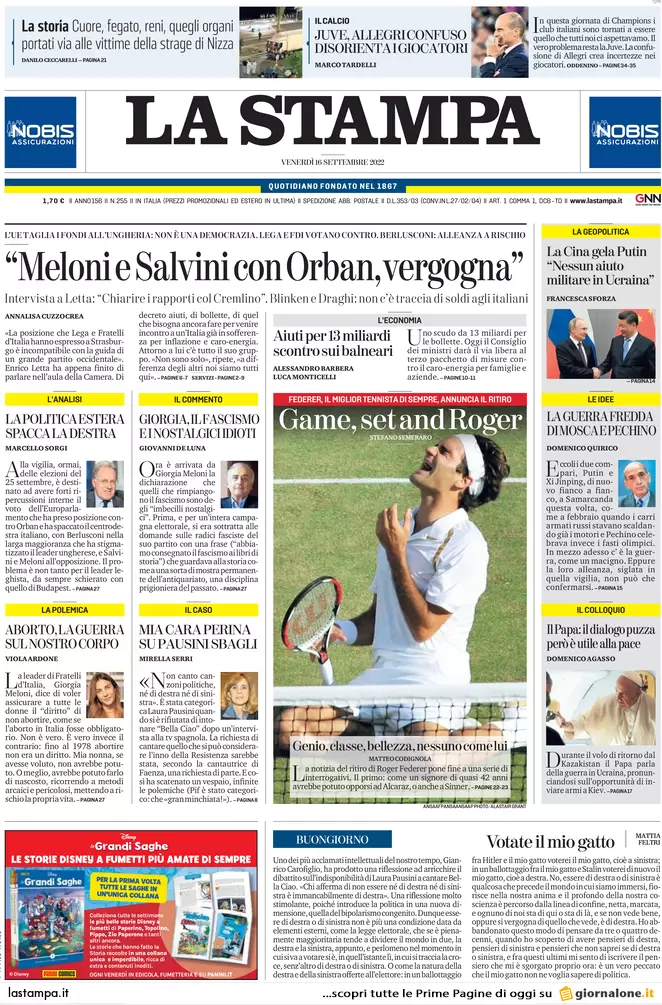 Prime pagine giornali 16 settembre 2022. Scordiamoci il gas dagli Stati Uniti Prime pagine giornali 16 settembre 2022. Scordiamoci il gas dagli Stati Uniti