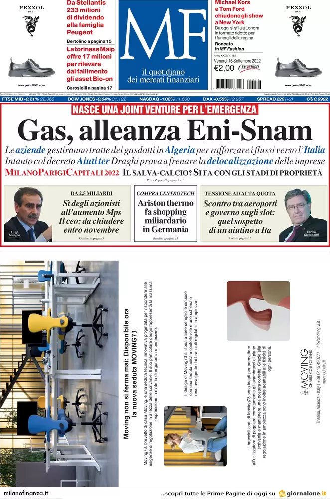 Prime pagine giornali economici 16 settembre. Italia, il rischio recessione