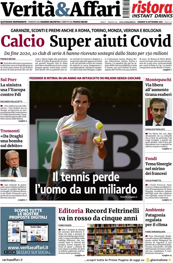 Prime pagine giornali economici 16 settembre. Italia, il rischio recessione