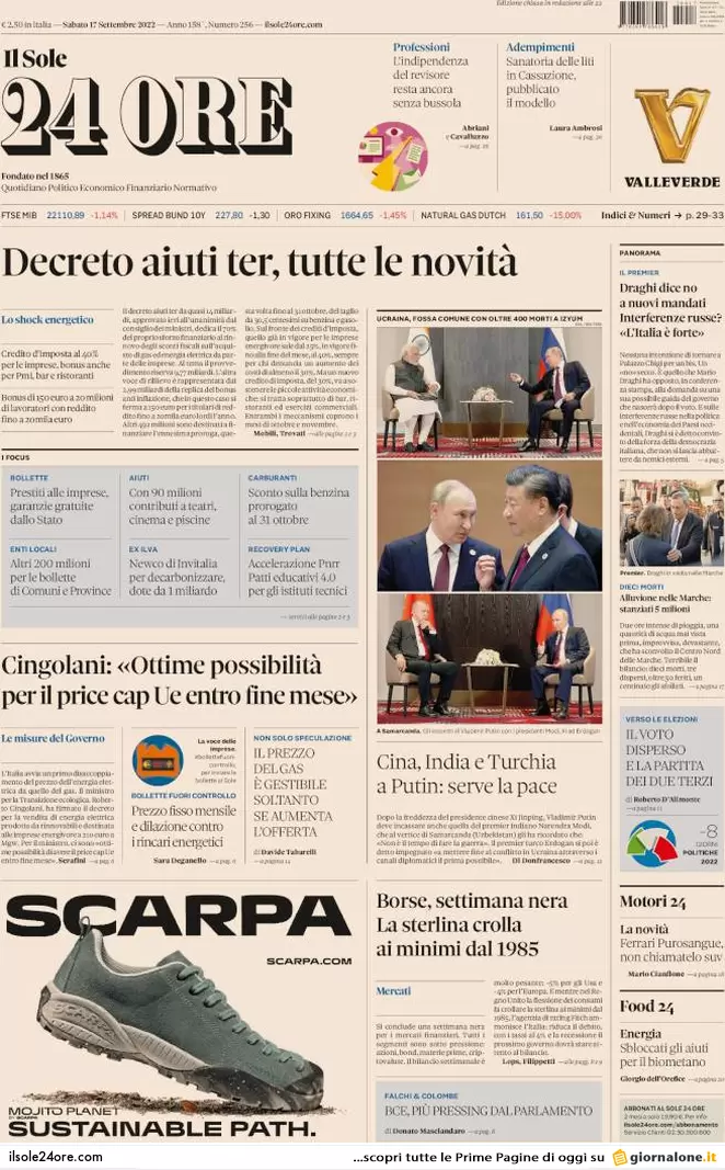 Prime pagine giornali 17 settembre 2022. Disastro Marche e l’addio di Draghi Prime pagine giornali 17 settembre 2022. Disastro Marche e l’addio di Draghi