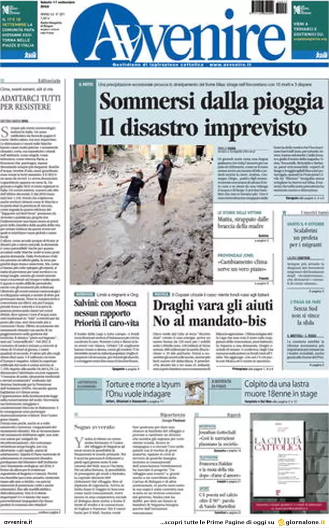 Prime pagine giornali 17 settembre 2022. Disastro Marche e l’addio di Draghi Prime pagine giornali 17 settembre 2022. Disastro Marche e l’addio di Draghi