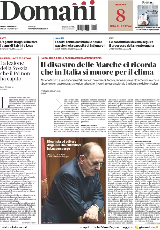 Prime pagine giornali 17 settembre 2022. Disastro Marche e l’addio di Draghi Prime pagine giornali 17 settembre 2022. Disastro Marche e l’addio di Draghi