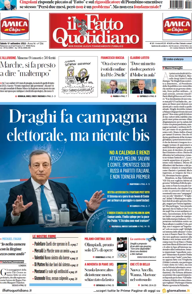 Prime pagine giornali 17 settembre 2022. Disastro Marche e l’addio di Draghi Prime pagine giornali 17 settembre 2022. Disastro Marche e l’addio di Draghi