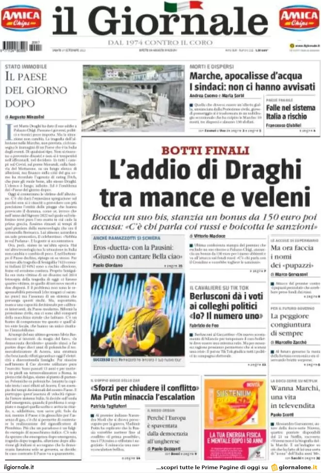 Prime pagine giornali 17 settembre 2022. Disastro Marche e l’addio di Draghi Prime pagine giornali 17 settembre 2022. Disastro Marche e l’addio di Draghi