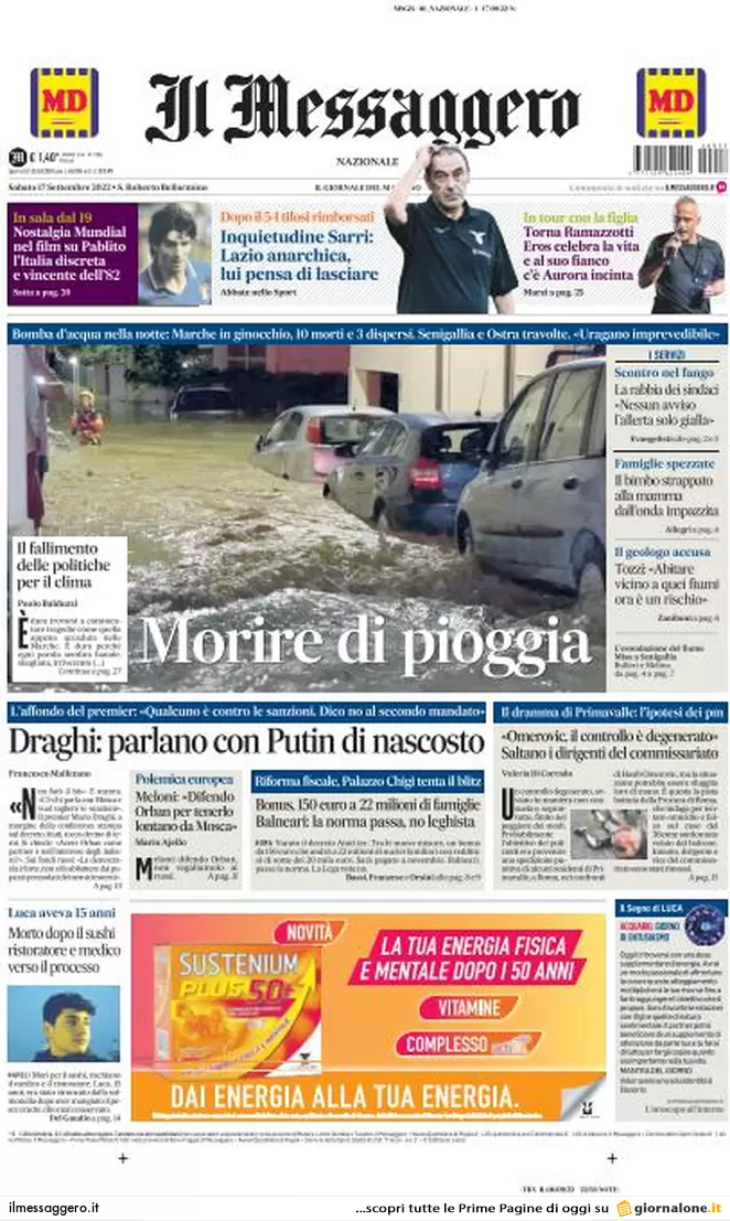 Prime pagine giornali 17 settembre 2022. Disastro Marche e l’addio di Draghi Prime pagine giornali 17 settembre 2022. Disastro Marche e l’addio di Draghi