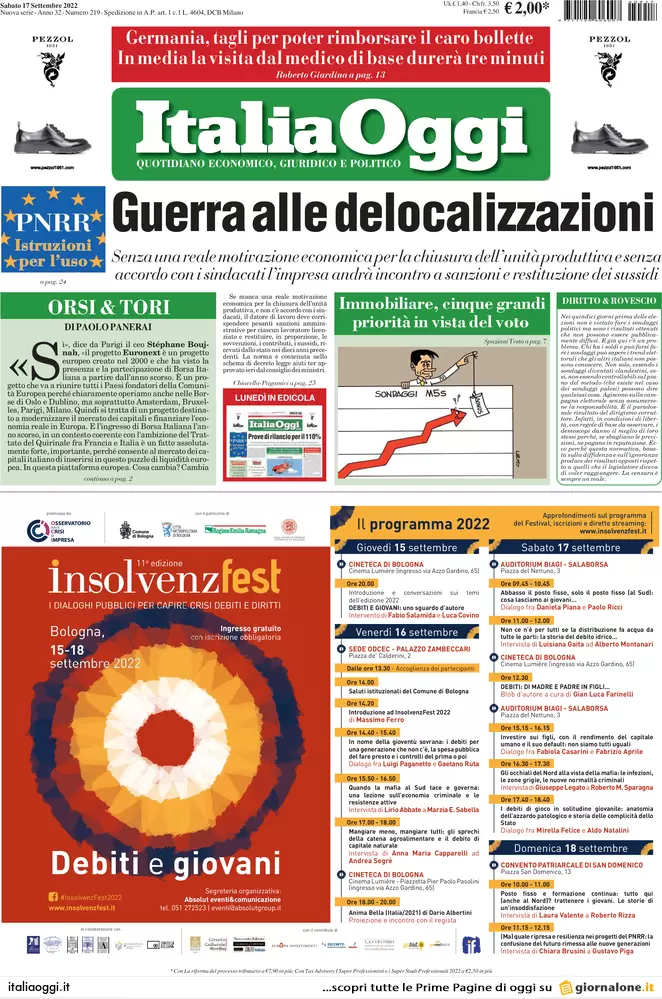 Prime pagine giornali economici 17 settembre. Aiuti ter e delocalizzazioni