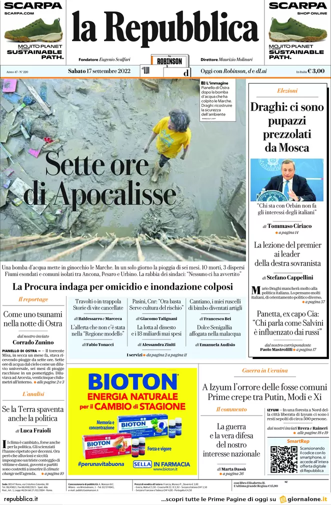Prime pagine giornali 17 settembre 2022. Disastro Marche e l’addio di Draghi Prime pagine giornali 17 settembre 2022. Disastro Marche e l’addio di Draghi