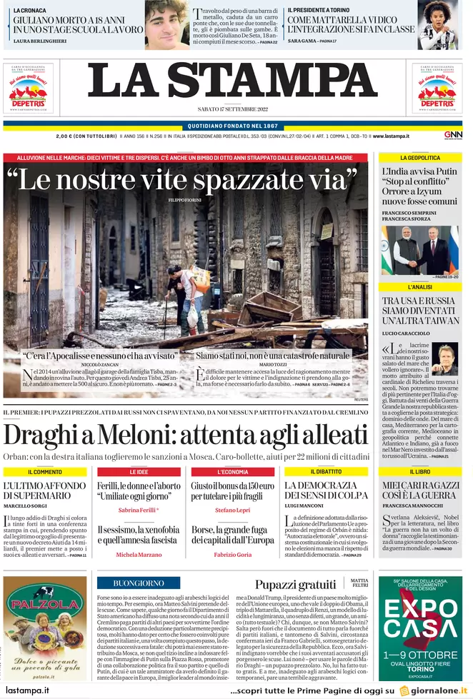 Prime pagine giornali 17 settembre 2022. Disastro Marche e l’addio di Draghi Prime pagine giornali 17 settembre 2022. Disastro Marche e l’addio di Draghi