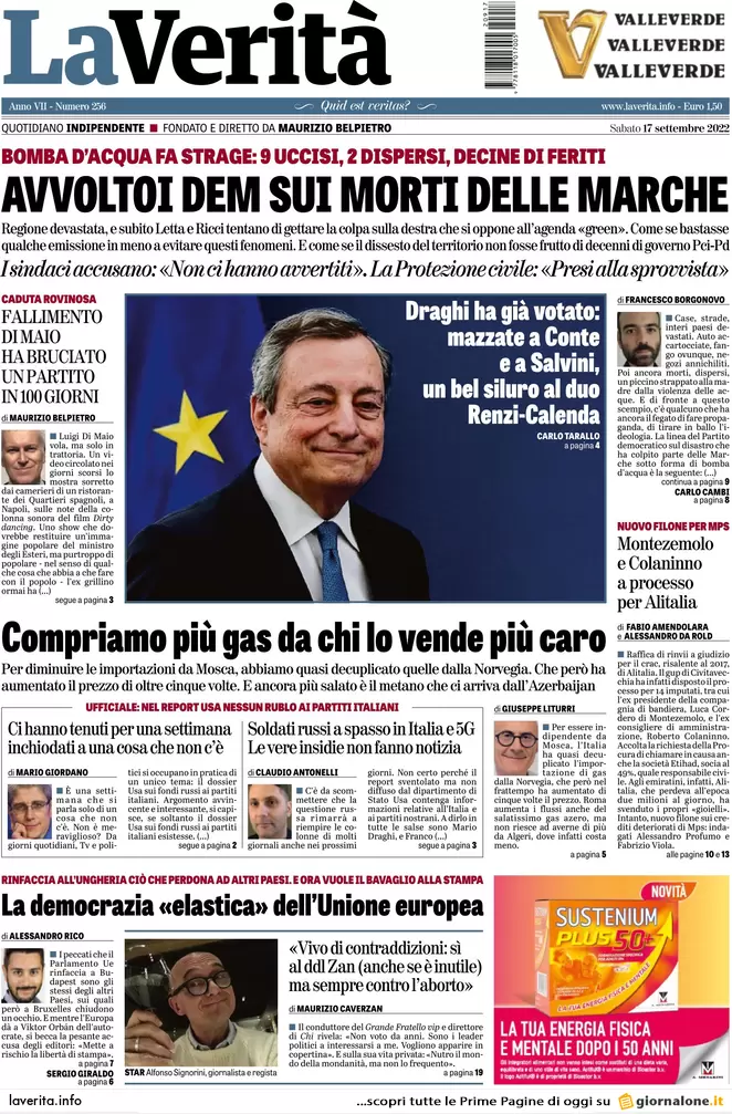 Prime pagine giornali 17 settembre 2022. Disastro Marche e l’addio di Draghi Prime pagine giornali 17 settembre 2022. Disastro Marche e l’addio di Draghi