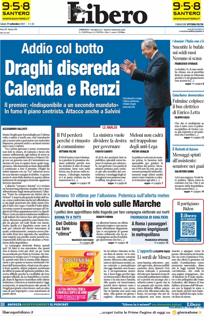 Prime pagine giornali 17 settembre 2022. Disastro Marche e l’addio di Draghi Prime pagine giornali 17 settembre 2022. Disastro Marche e l’addio di Draghi