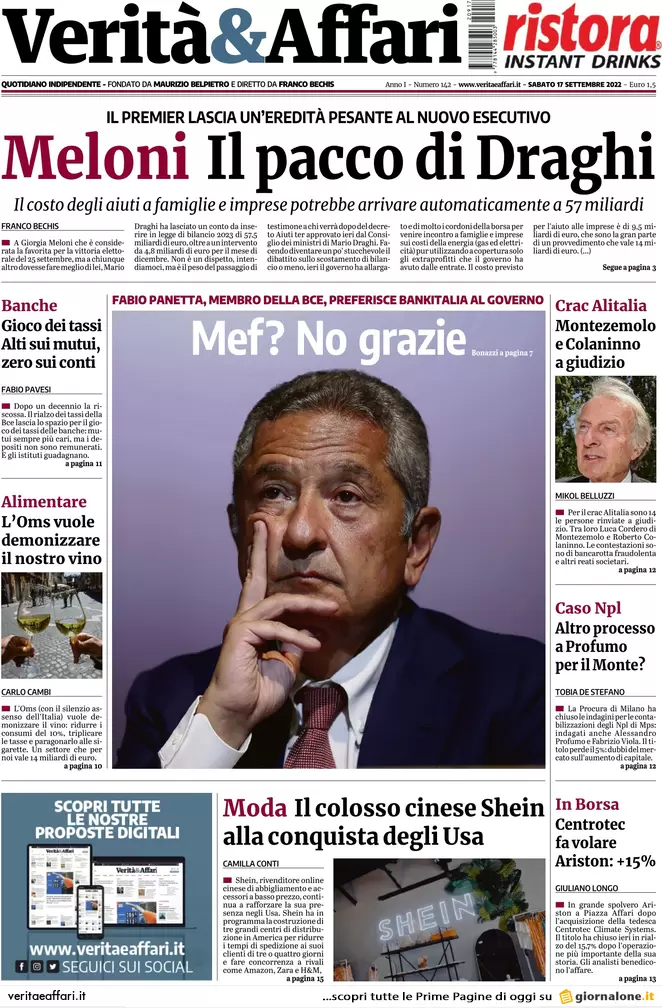 Prime pagine giornali economici 17 settembre. Aiuti ter e delocalizzazioni