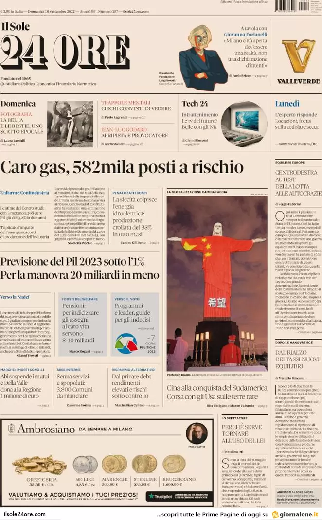 Prime pagine giornali economici 18 settembre. Gas, 582mila posti a rischio