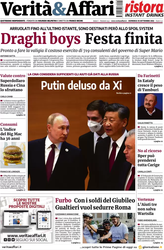 Prime pagine giornali economici 18 settembre. Gas, 582mila posti a rischio