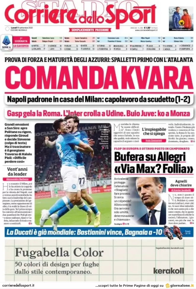Prime pagine giornali 19 settembre 2022. Roma indaga sui guadagni dei Benetton