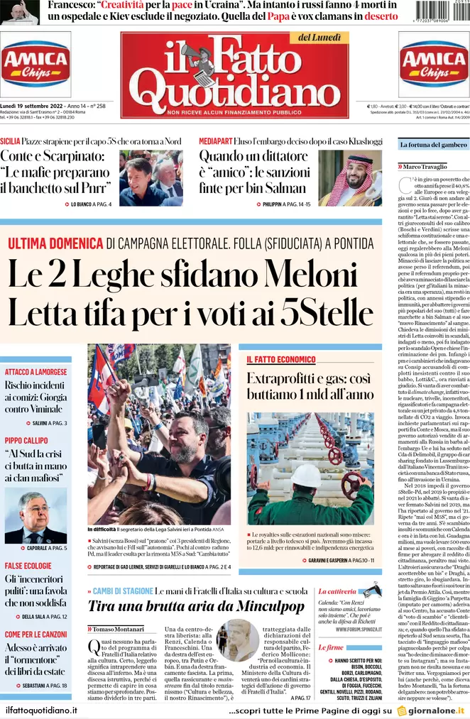 Prime pagine giornali 19 settembre 2022. Roma indaga sui guadagni dei Benetton
