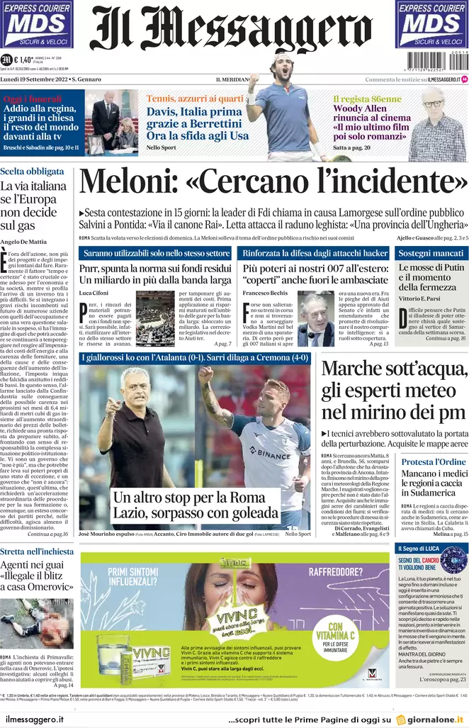 Prime pagine giornali 19 settembre 2022. Roma indaga sui guadagni dei Benetton