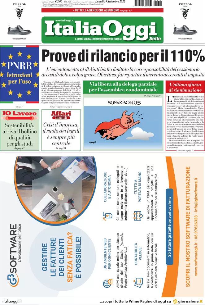 Prime pagine giornali economici 19 settembre. Bonus casa, 100 mld per cessioni