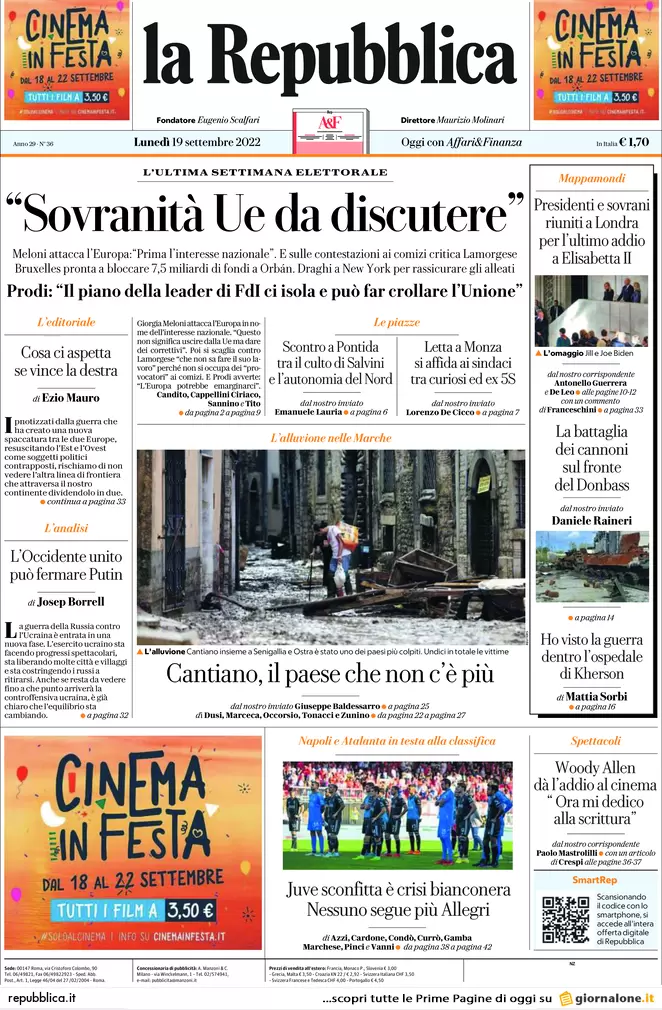 Prime pagine giornali 19 settembre 2022. Roma indaga sui guadagni dei Benetton