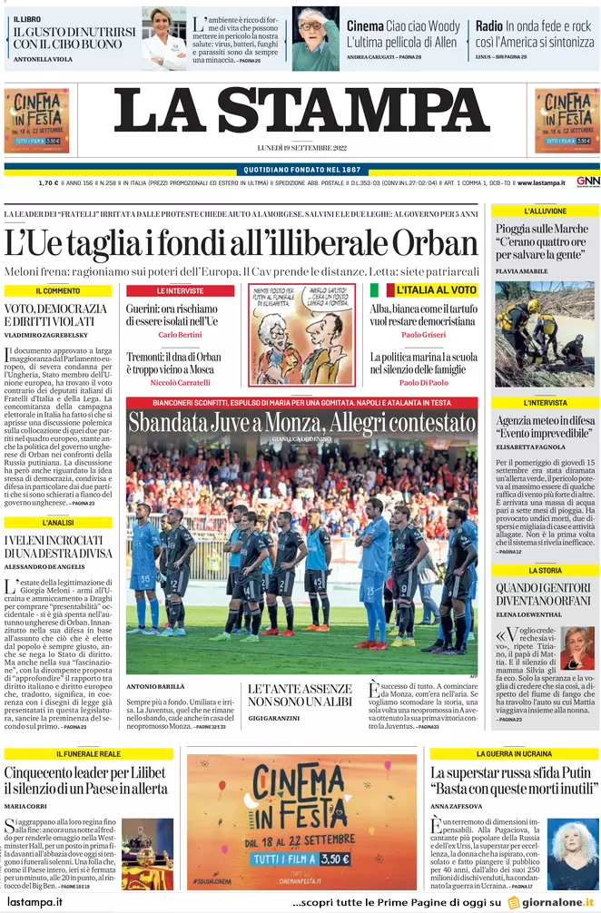 Prime pagine giornali 19 settembre 2022. Roma indaga sui guadagni dei Benetton