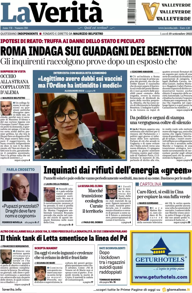 Prime pagine giornali 19 settembre 2022. Roma indaga sui guadagni dei Benetton