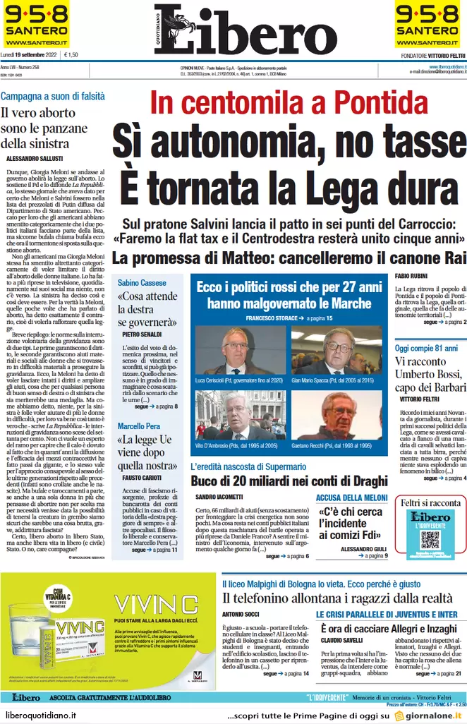 Prime pagine giornali 19 settembre 2022. Roma indaga sui guadagni dei Benetton
