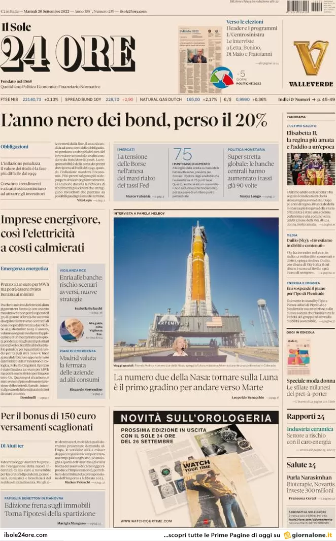 Prime pagine giornali 20 settembre 2022. Voto in Italia ma si decide altrove