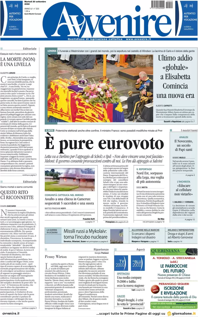Prime pagine giornali 20 settembre 2022. Voto in Italia ma si decide altrove