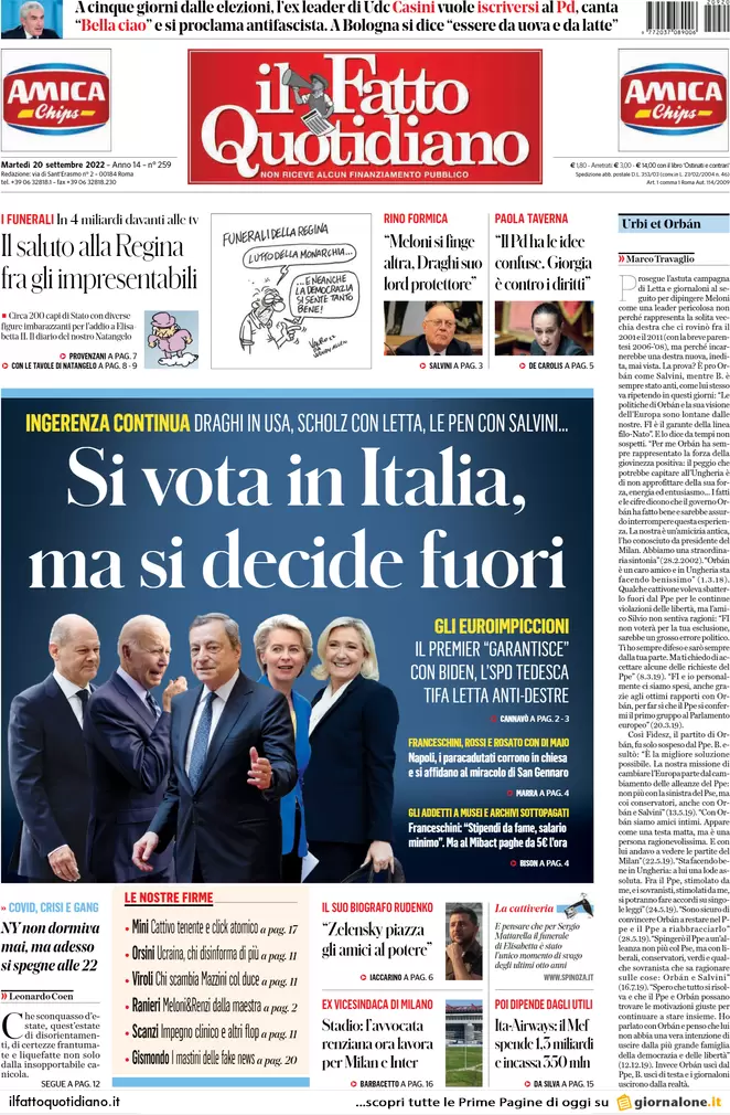 Prime pagine giornali 20 settembre 2022. Voto in Italia ma si decide altrove