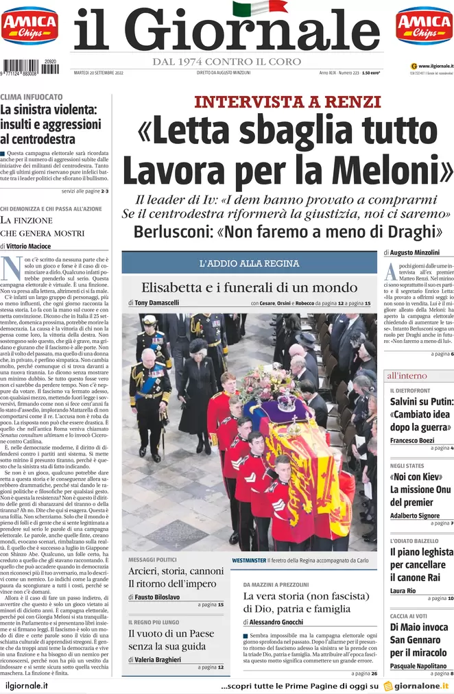 Prime pagine giornali 20 settembre 2022. Voto in Italia ma si decide altrove