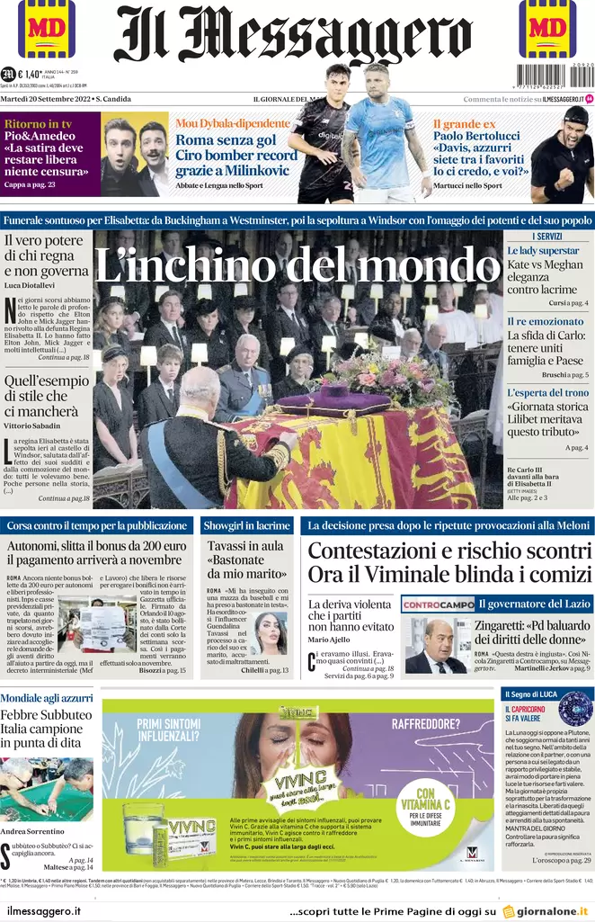 Prime pagine giornali 20 settembre 2022. Voto in Italia ma si decide altrove