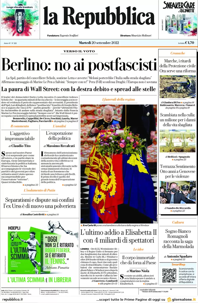 Prime pagine giornali 20 settembre 2022. Voto in Italia ma si decide altrove