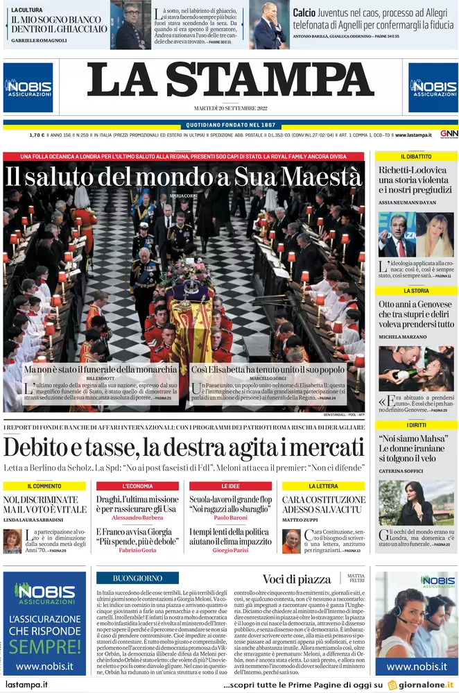 Prime pagine giornali 20 settembre 2022. Voto in Italia ma si decide altrove