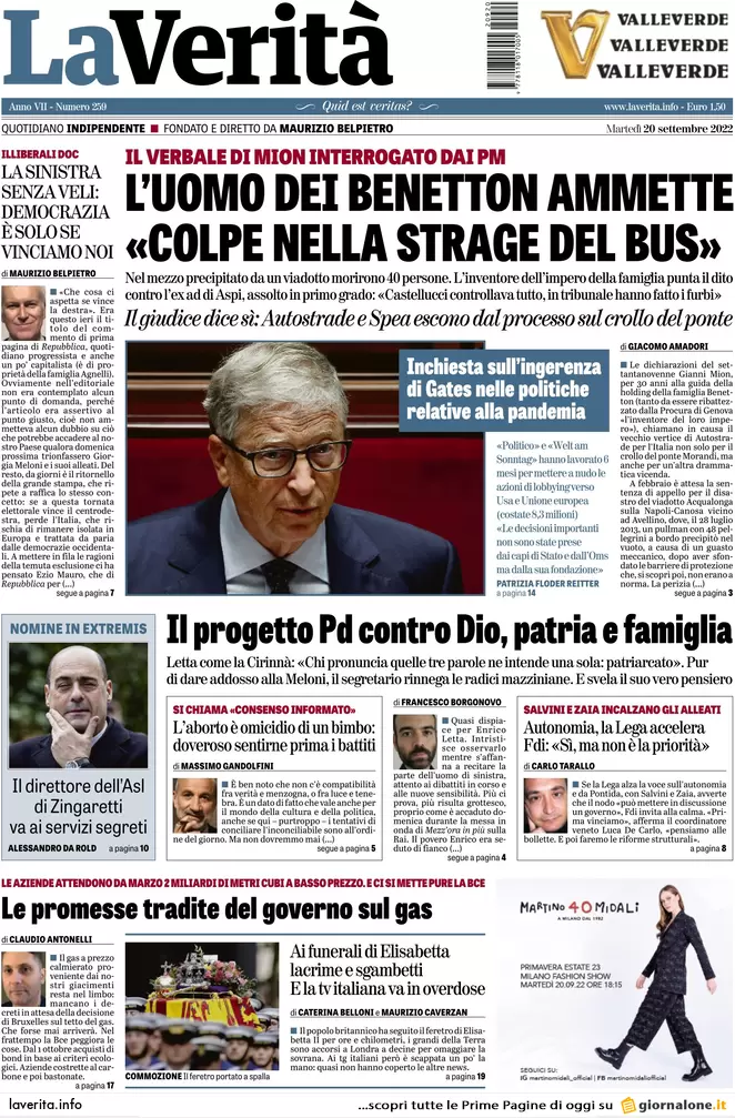 Prime pagine giornali 20 settembre 2022. Voto in Italia ma si decide altrove