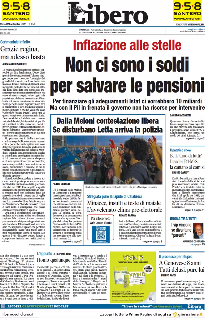 Prime pagine giornali 20 settembre 2022. Voto in Italia ma si decide altrove