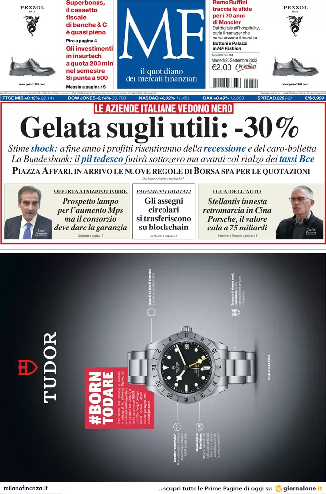 Prime pagine giornali economici 20 settembre. Anno nero dei bond, perso il 20%