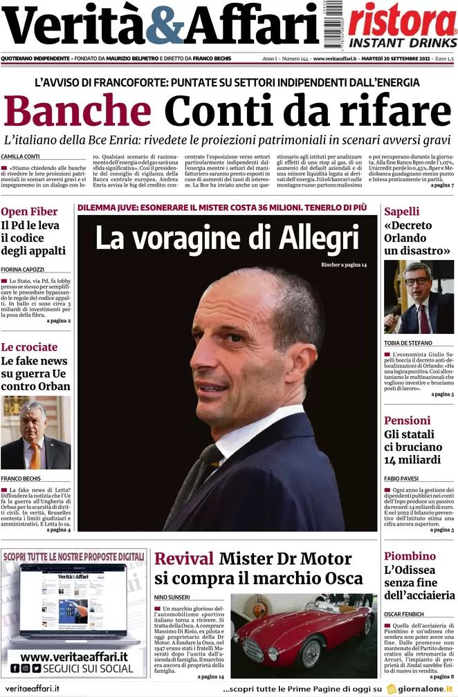 Prime pagine giornali economici 20 settembre. Anno nero dei bond, perso il 20%