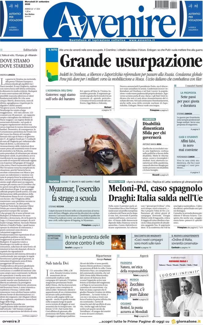 Prime pagine giornali 21 settembre 2022. Italiani bocciano Draghi sull’Ucraina