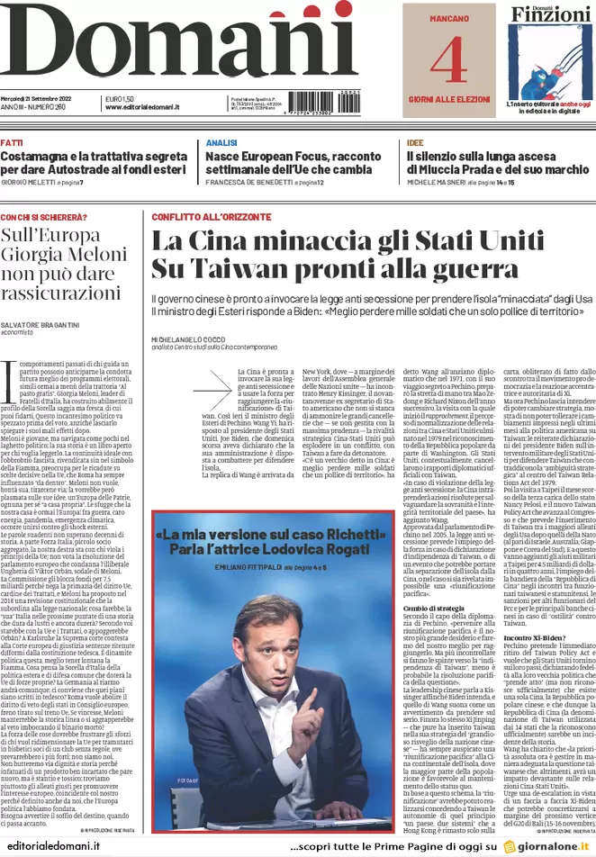 Prime pagine giornali 21 settembre 2022. Italiani bocciano Draghi sull’Ucraina