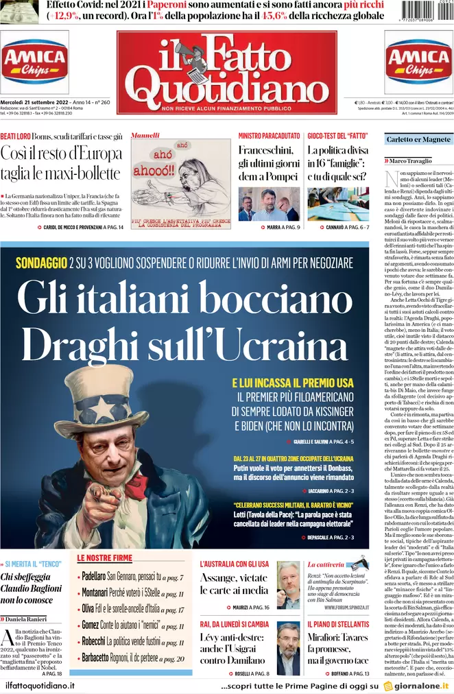 Prime pagine giornali 21 settembre 2022. Italiani bocciano Draghi sull’Ucraina