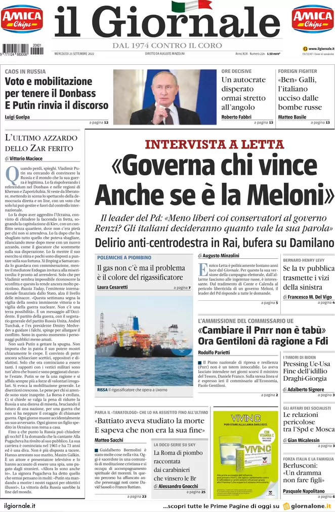 Prime pagine giornali 21 settembre 2022. Italiani bocciano Draghi sull’Ucraina